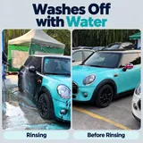 Water rinsing demonstration on a turquoise vehicle