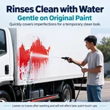 Temporary colour being rinsed from a white truck panel
