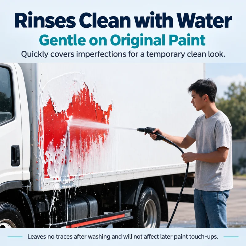 Temporary colour being rinsed from a white truck panel