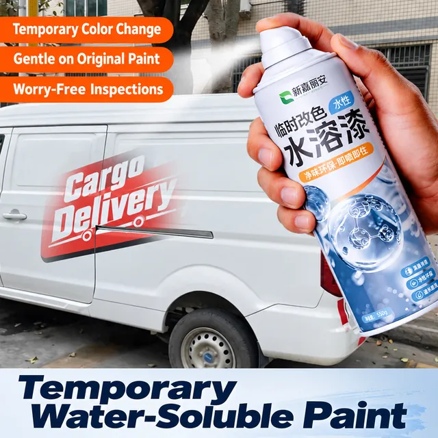 Temporary colour spray can beside a delivery van