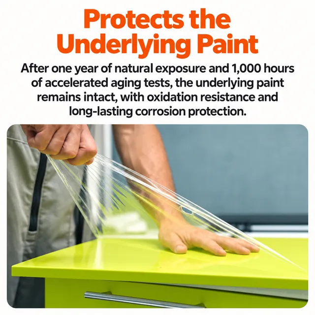 Clear protective film being removed from a green painted panel