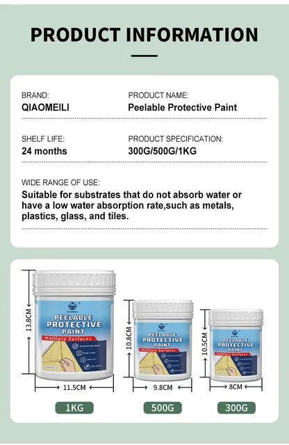 Dimensions and specifications of 300 g, 500 g and 1 kg containers