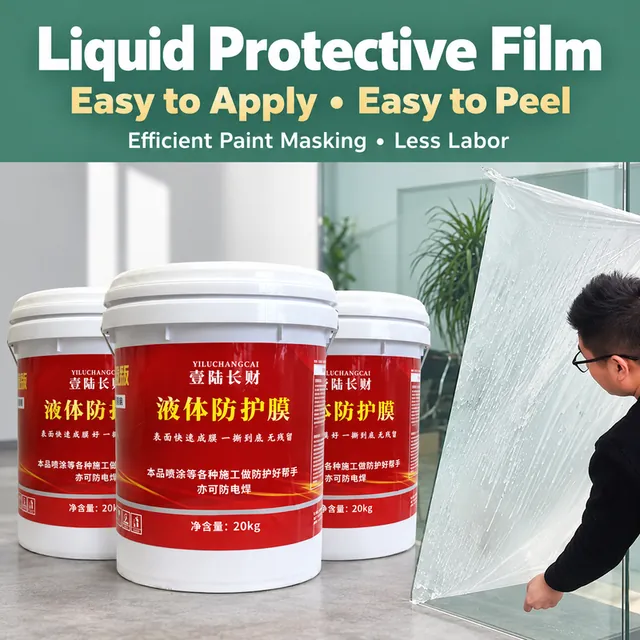 Protective film removed from glass beside coating pails