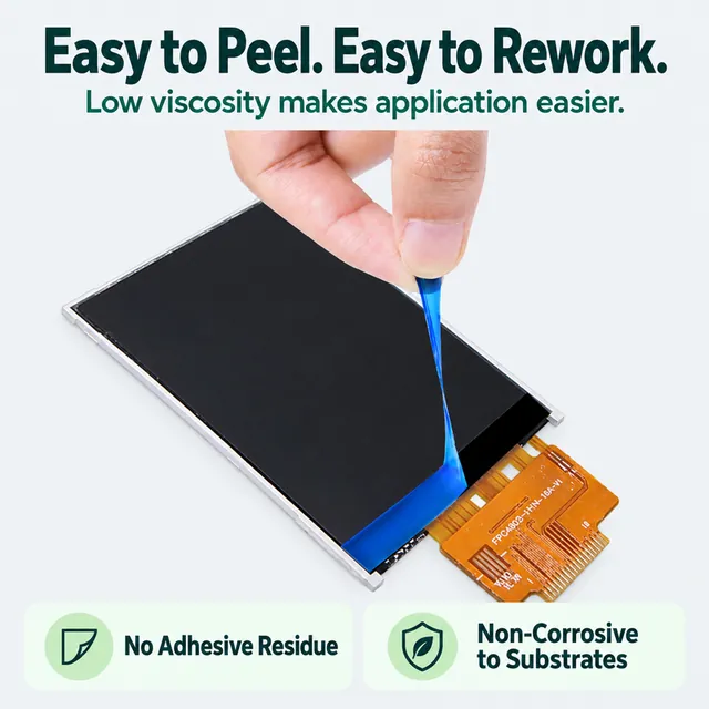 Blue protective coating being peeled from a display edge