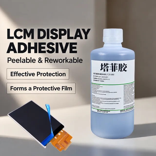 Blue protective coating bottle beside a display module