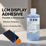 Blue protective coating bottle beside a display module