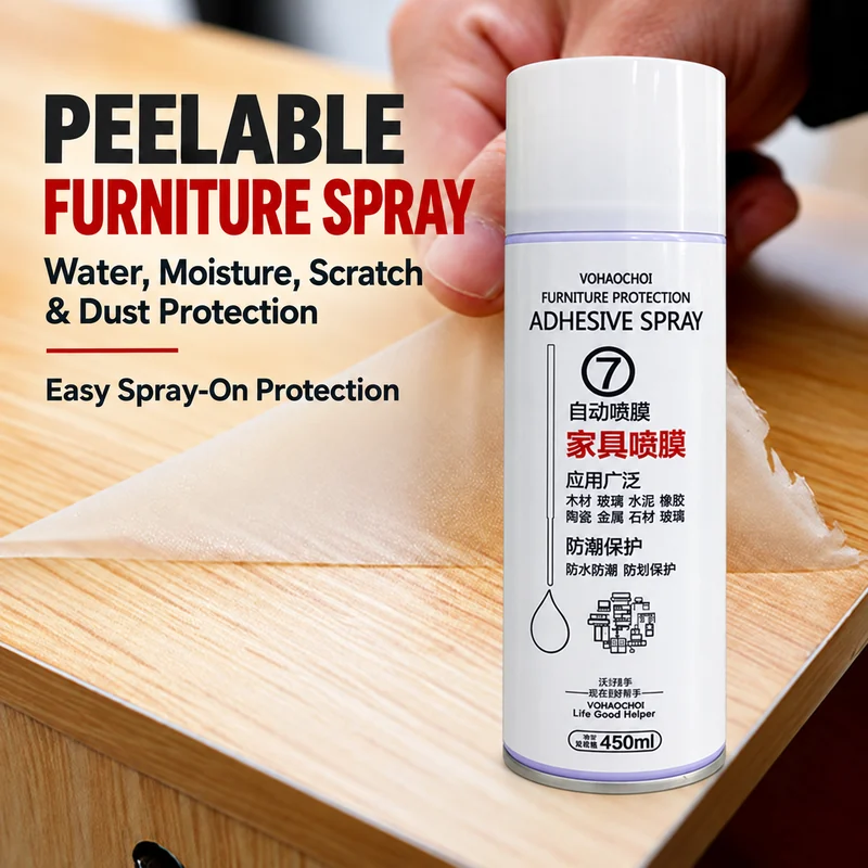 Furniture protective spray can with clear film peeling illustration