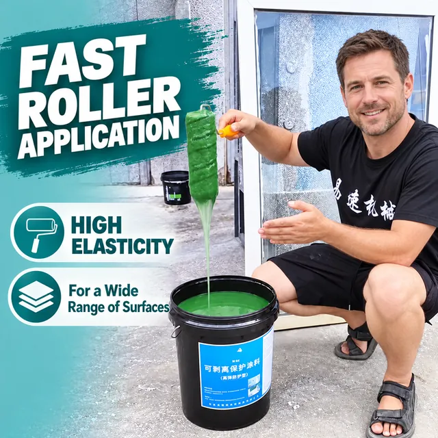 Roller and green coating pail beside a window