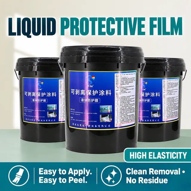 Several black pails of liquid protective film