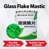Green glass flake mastic texture beside its pail
