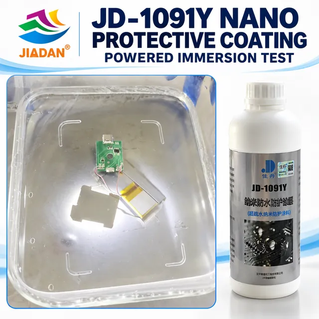 Circuit board immersion demonstration beside coating bottle