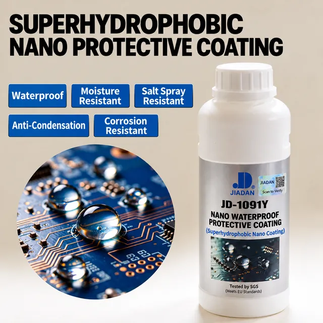 Nano protective coating bottle with water beads on a circuit board