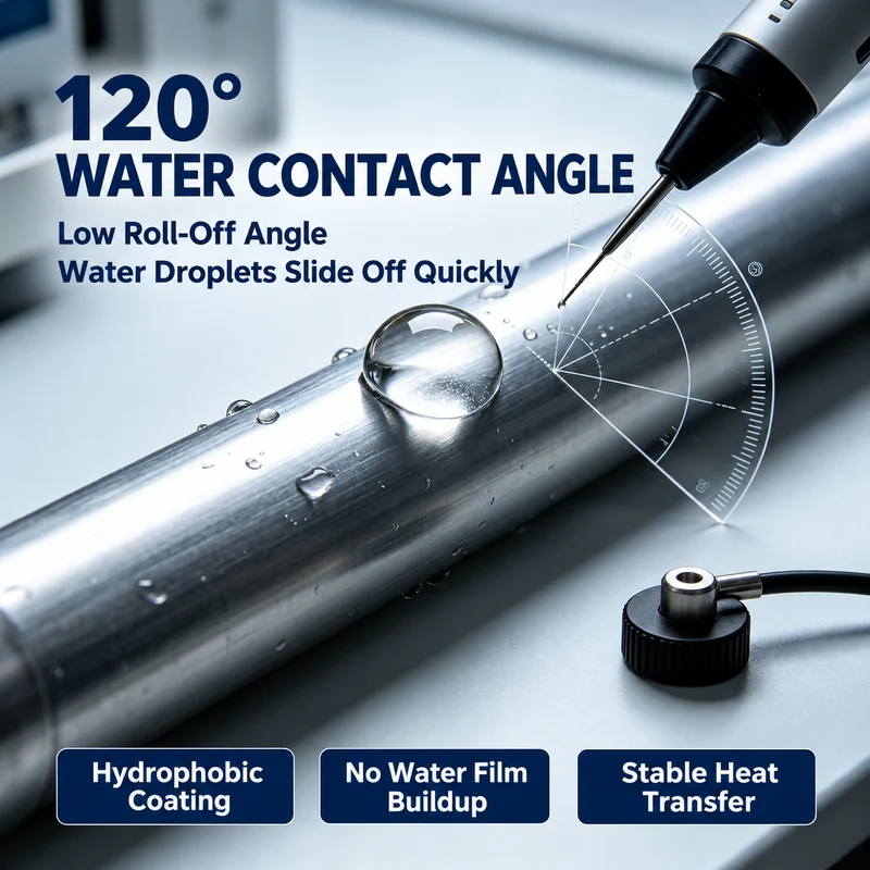 Water drop contact angle illustration on a metal tube