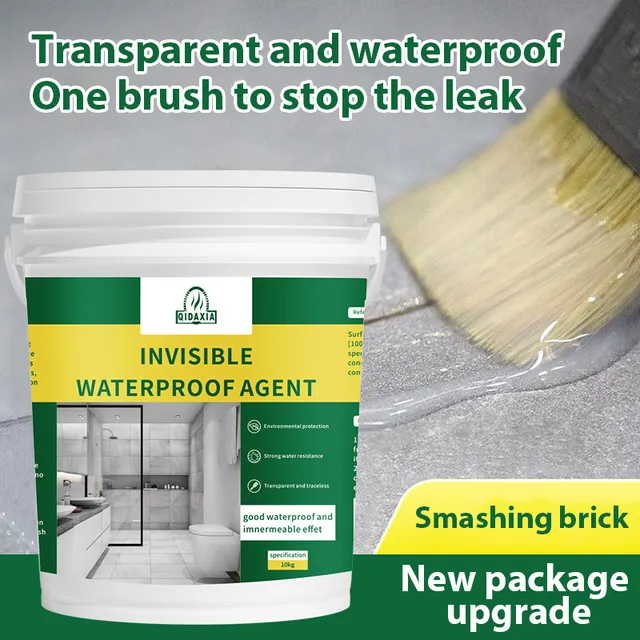 Clear waterproof sealant pail beside brush application