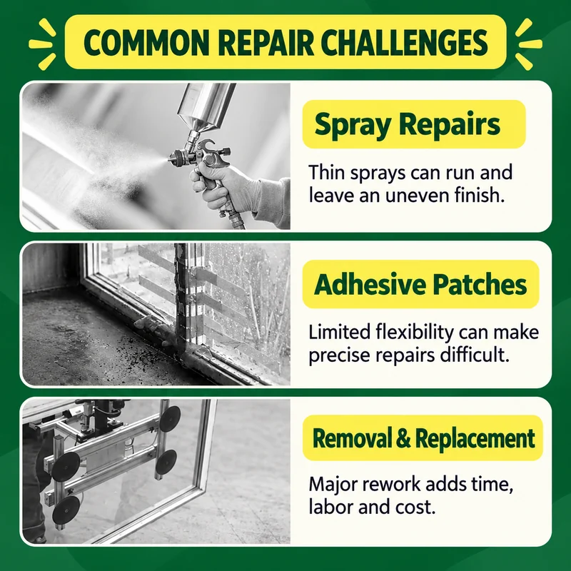 Spray, patching and replacement repair illustrations