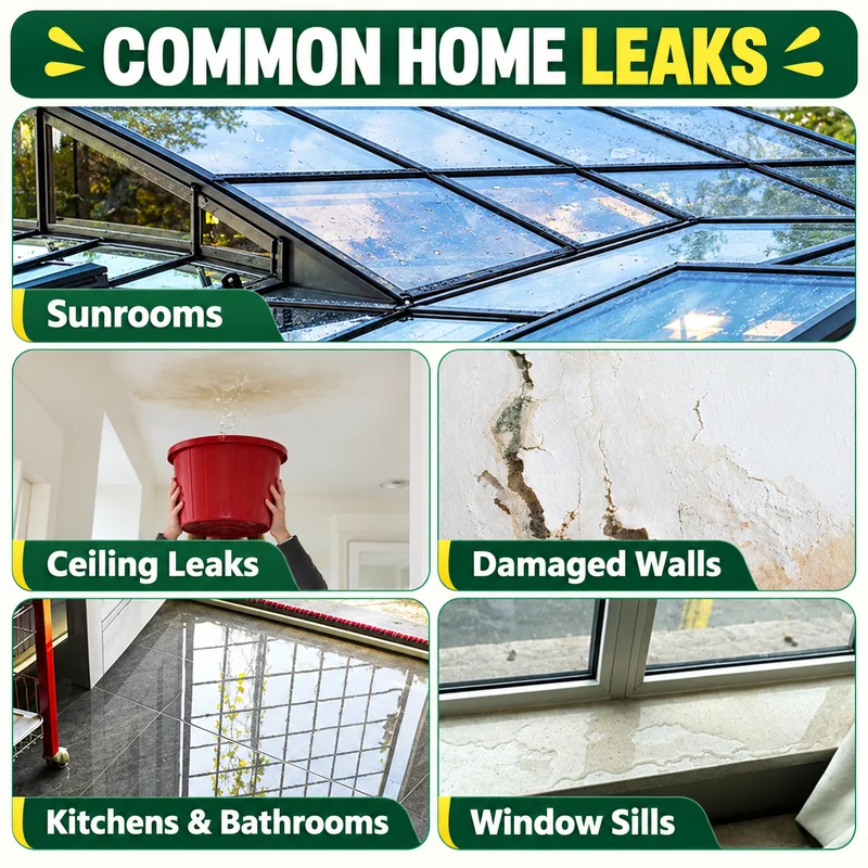 Sunroom roof, wall and windowsill leakage examples