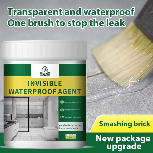 Transparent waterproof sealant container beside a brush
