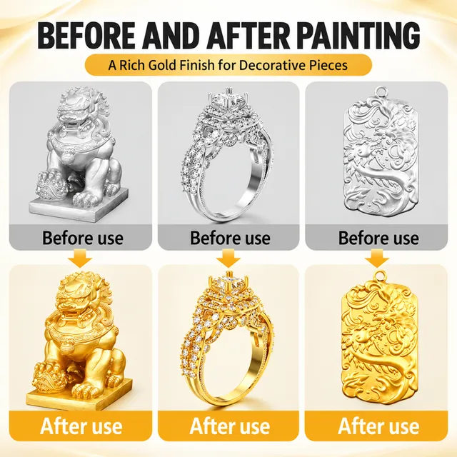 Decorative objects before and after gold effect coating