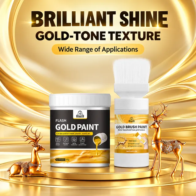 Gold effect paint containers beside decorative objects