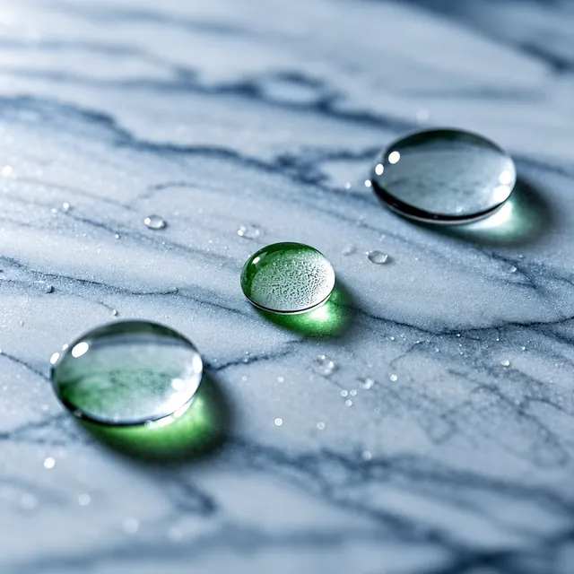 Water beads on a polished veined stone surface