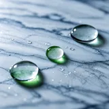 Water beads on a polished veined stone surface