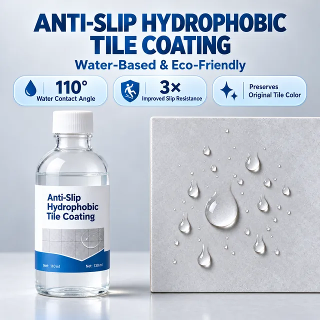 Tile coating bottle beside a water-beading tile