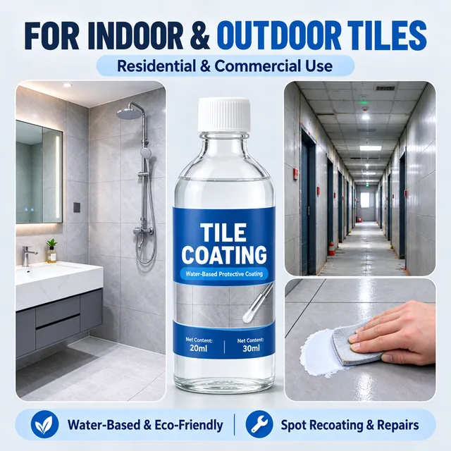 Tile coating bottle with bathroom and corridor examples