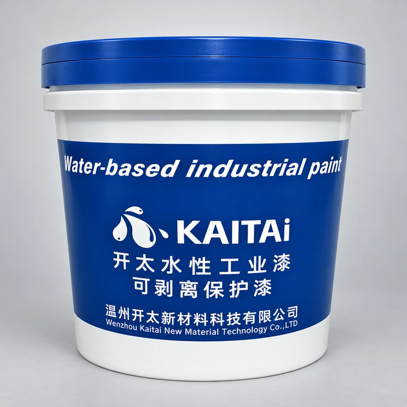 White pail with blue lid containing water-based peelable protective paint