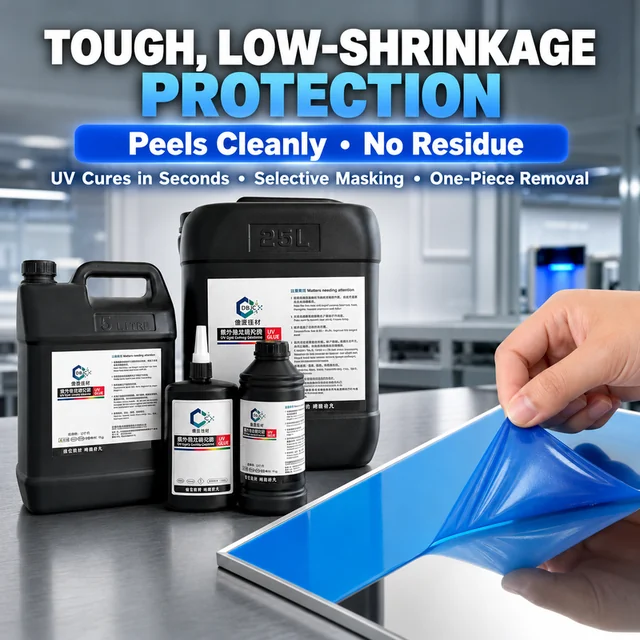 Blue protective film being peeled from a metal panel beside UV coating containers