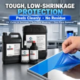 Blue protective film being peeled from a metal panel beside UV coating containers