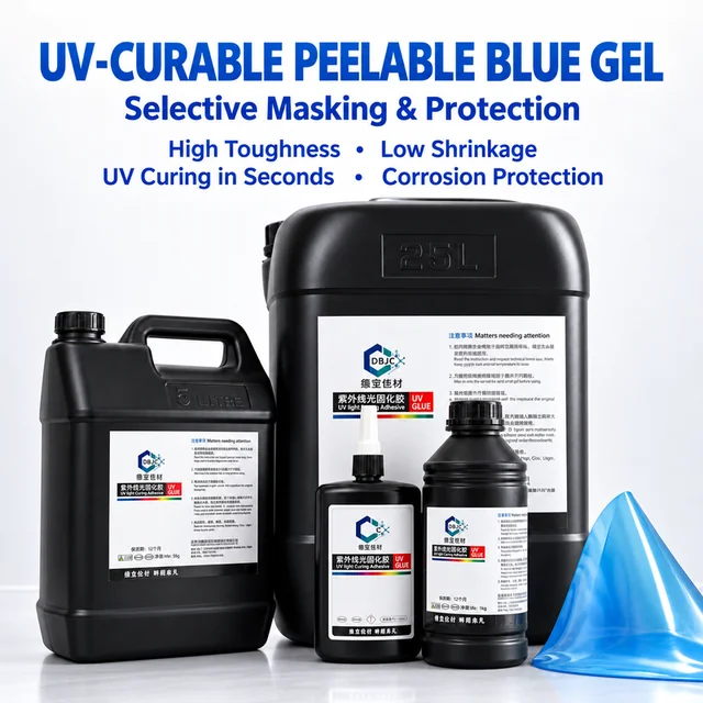 UV-curable blue protective coating containers beside a peeled film