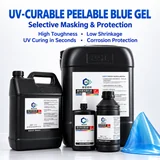UV-curable blue protective coating containers beside a peeled film
