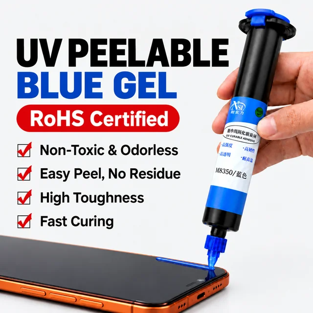 M8350 blue gel being dispensed around a smartphone display
