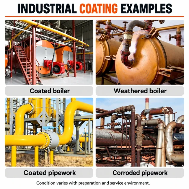 Coated and weathered boilers and industrial pipework