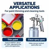 Paint container and spray gun illustrating paint thinning