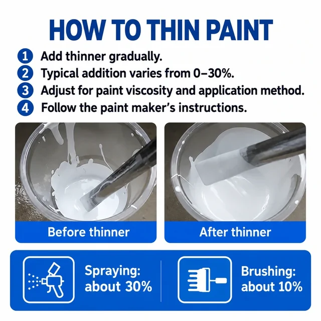 Paint thinning steps showing measured addition and mixing