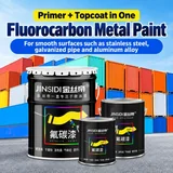 Fluorocarbon primer-and-topcoat paint containers with metal applications