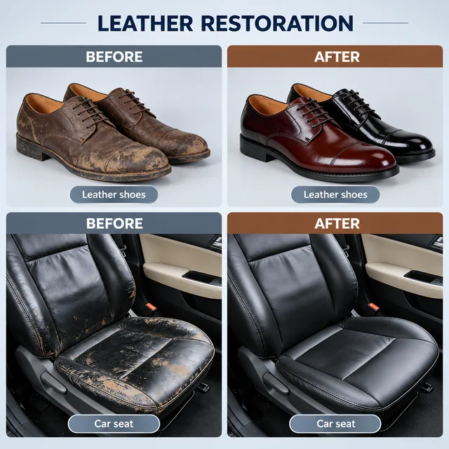 Leather shoes and a car seat before and after refurbishment