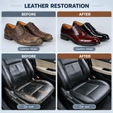 Leather shoes and a car seat before and after refurbishment