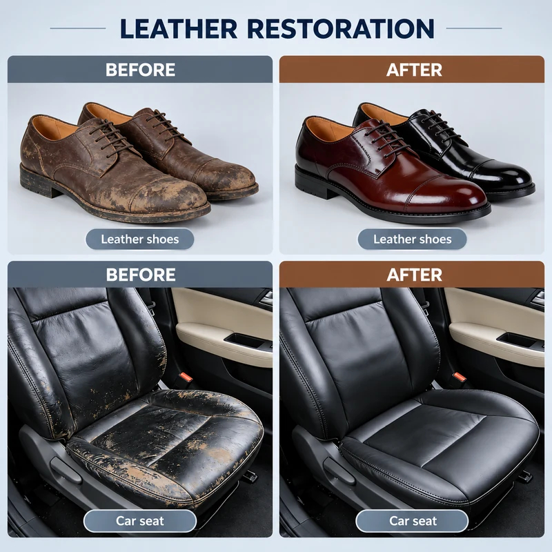 Leather shoes and a car seat before and after refurbishment