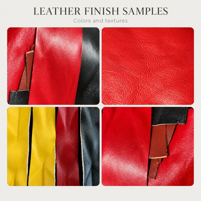 Red and yellow leather finish samples showing colour and texture