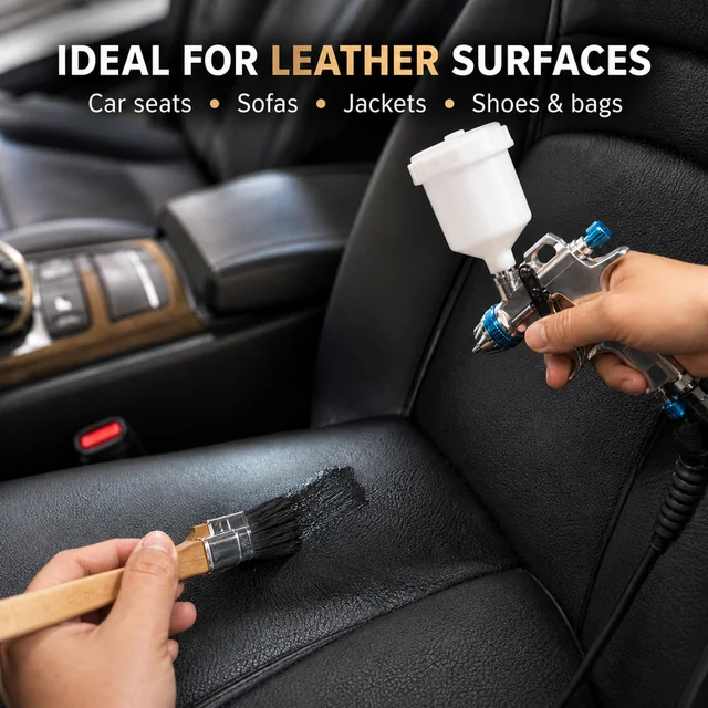 Spray gun and brush applying leather paint to a car seat