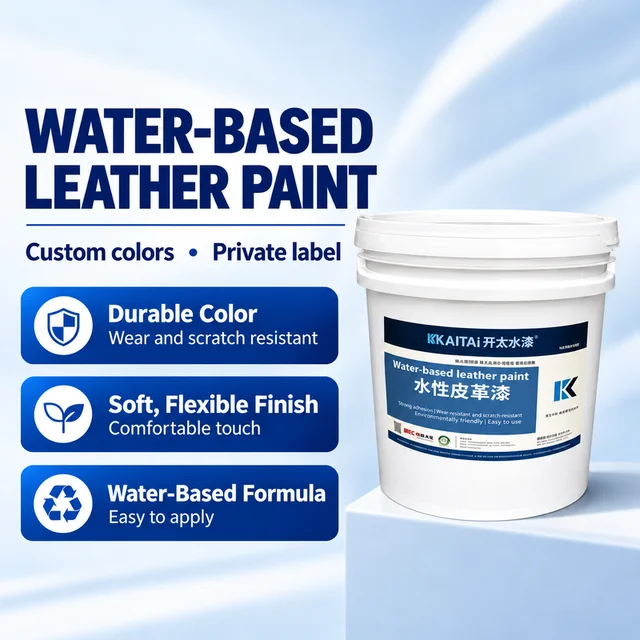 Water-based leather paint pail with flexible-finish features