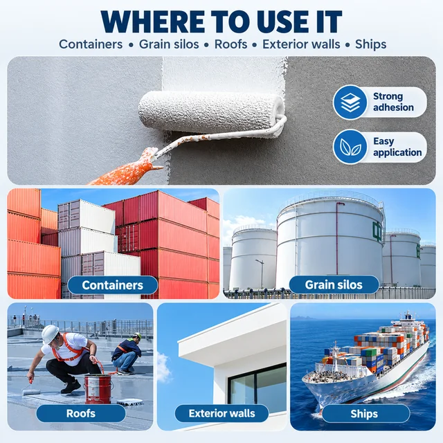 Cooling coating applications on containers, silos, roofs, walls and ships