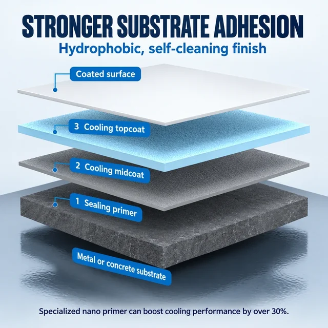 Layered radiative cooling coating system and adhesion illustration