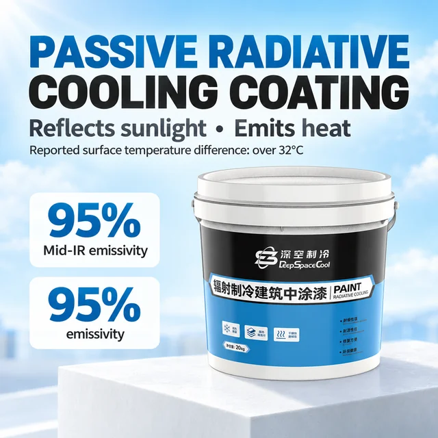 Radiative cooling coating pail with product-performance illustration
