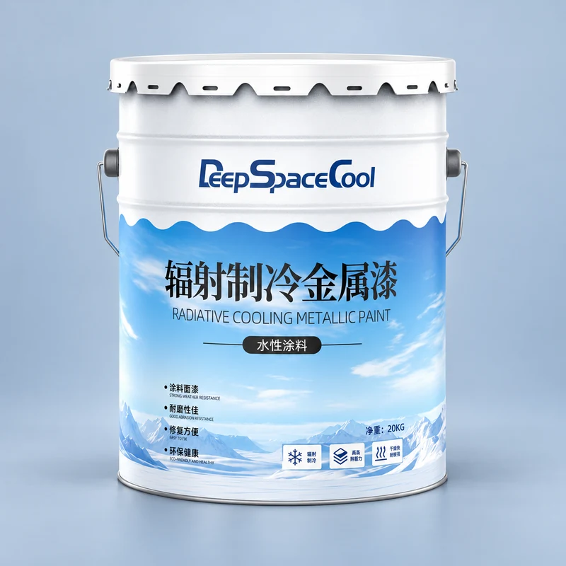 White pail of radiative cooling paint for metal surfaces
