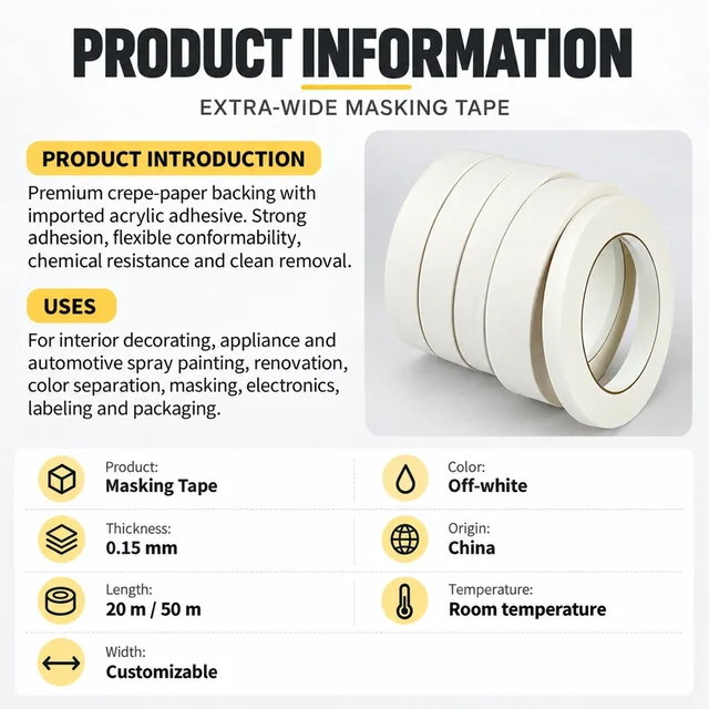 Extra-wide crepe-paper masking tape product specifications
