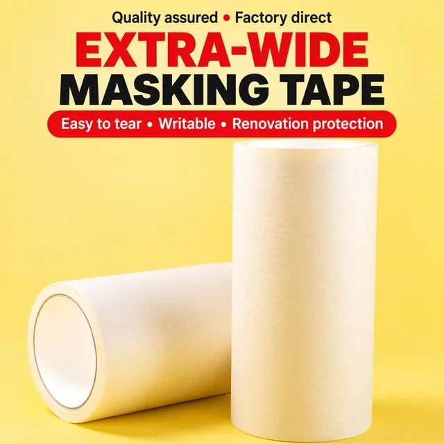 Two wide masking tape rolls with hand-tearable and writable features