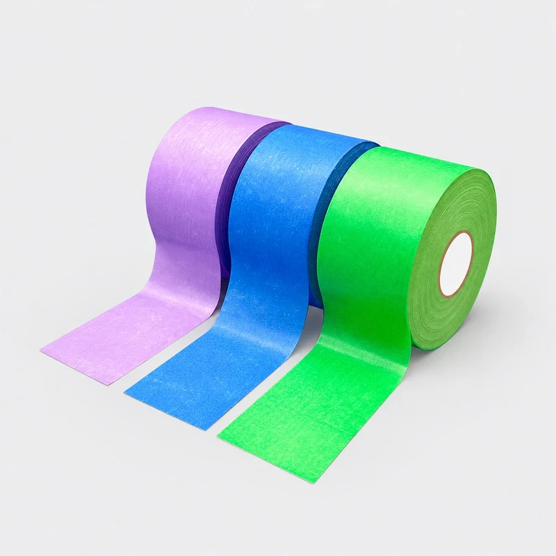 Purple, blue and green low-tack colour-separation masking tape rolls